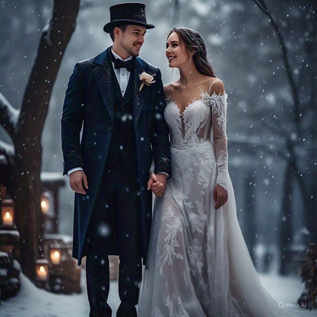 Elegant winter wedding outfits with velvet and wool in a snowy setting.