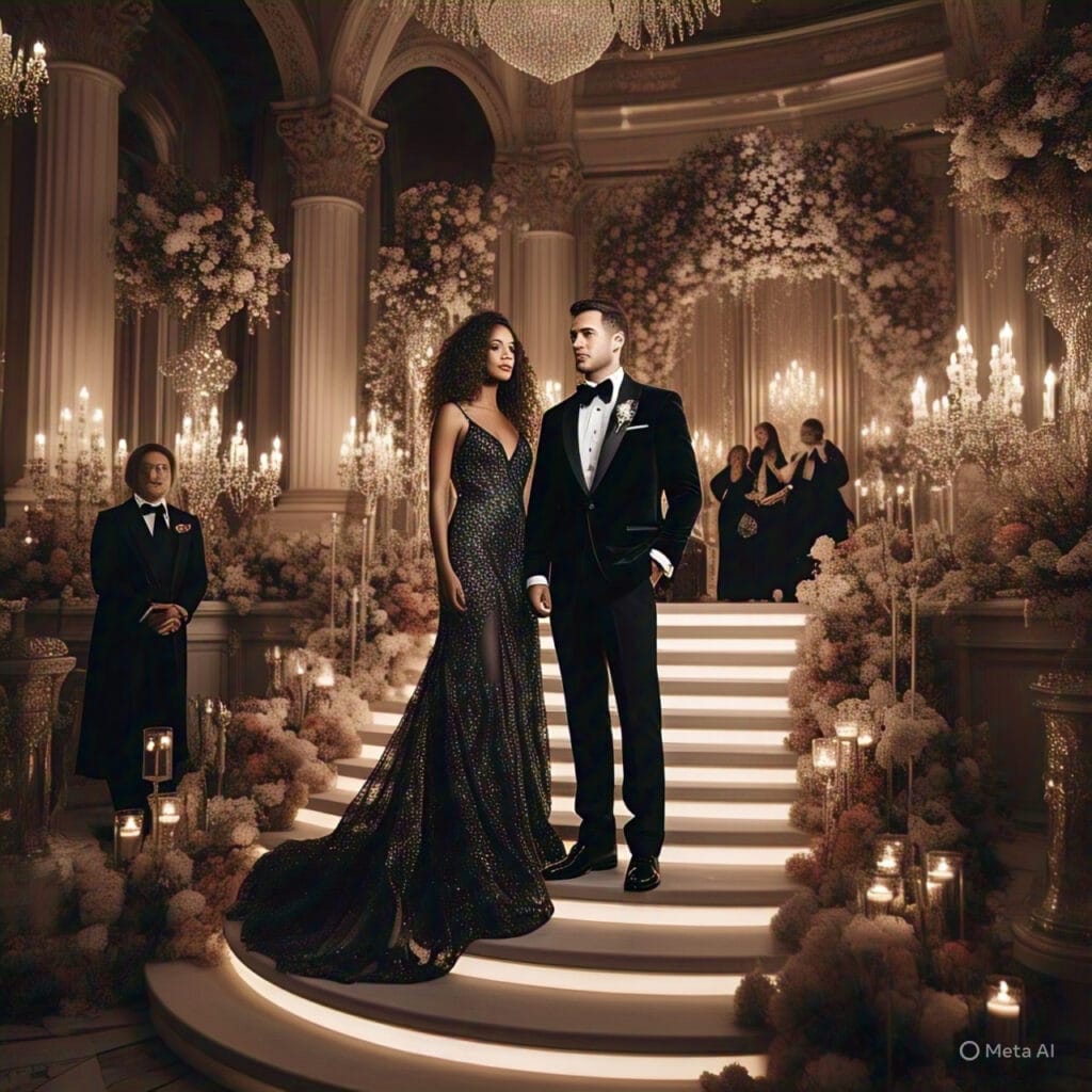 Formal evening wedding outfits in black-tie style.