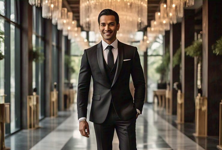 Stylish man in modern reception outfit wearing a sherwani and loafers at a wedding venue