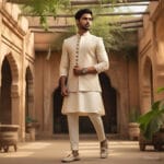A stylish man wearing a cream-colored sherwani with a modern tailored fit, paired with loafers and a watch, posing confidently at a rustic engagement venue with warm lighting and an elegant, high-fashion vibe.