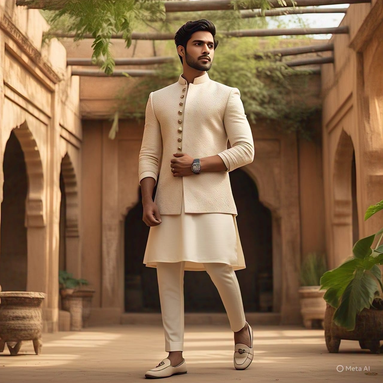A stylish man wearing a cream-colored sherwani with a modern tailored fit, paired with loafers and a watch, posing confidently at a rustic engagement venue with warm lighting and an elegant, high-fashion vibe.