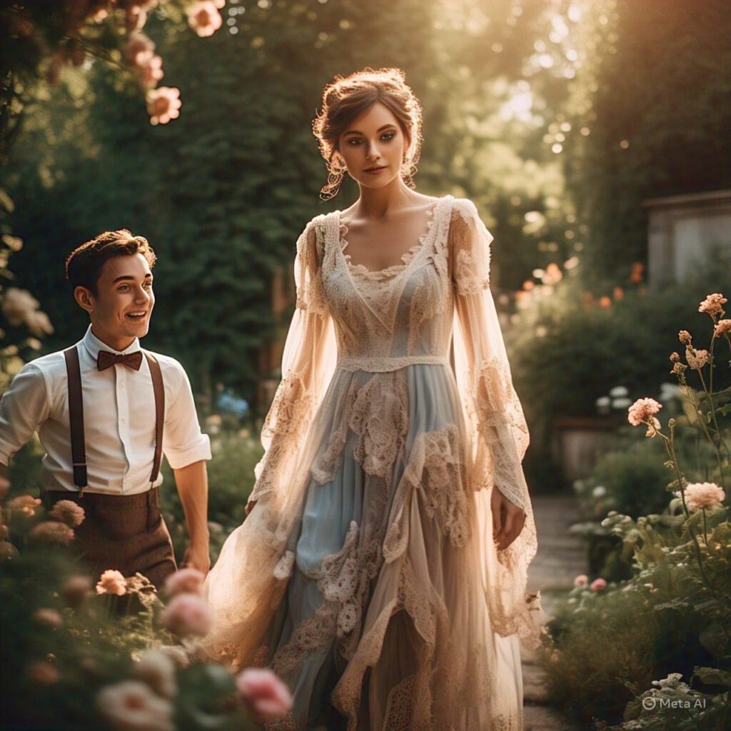 Romantic garden wedding outfits with soft, rustic details.