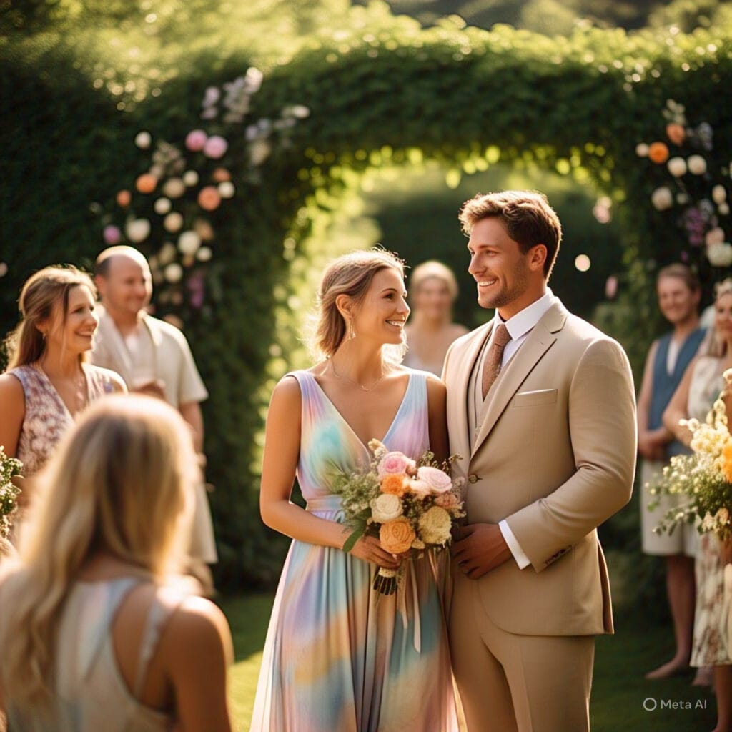 Spring wedding outfits with floral dress and light grey suit in a garden setting.