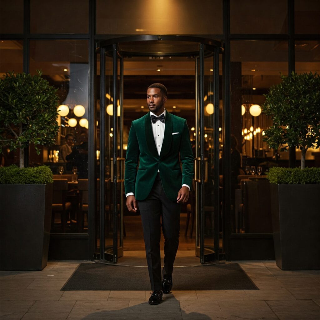 Celebrity-inspired winter formal outfit with velvet dinner jacket and tailored trousers