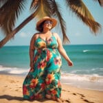 Plus-size woman in a Goa Outfits for Fat Ladies tropical maxi dress enjoying summer fashion on a sunny beach in Goa.