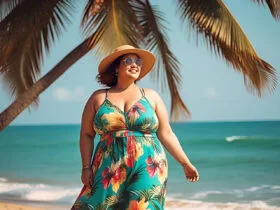 Plus-size woman in a Goa Outfits for Fat Ladies tropical maxi dress enjoying summer fashion on a sunny beach in Goa.