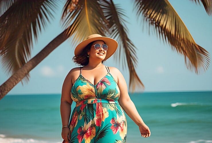 Plus-size woman in a Goa Outfits for Fat Ladies tropical maxi dress enjoying summer fashion on a sunny beach in Goa.
