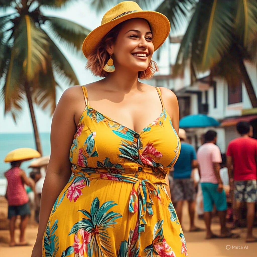 Plus-size woman embracing body-positive fashion on a sunny Goa street in a vibrant tropical outfit.