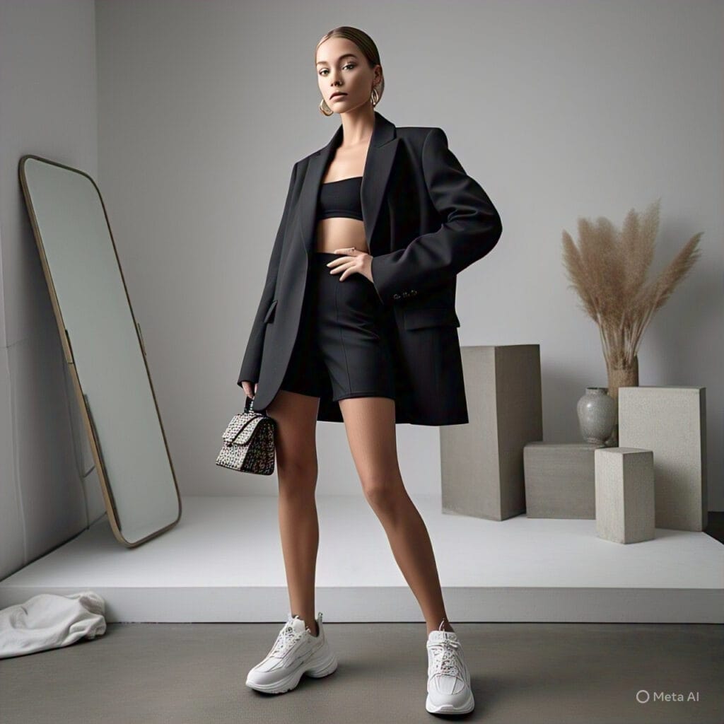 Hailey Bieber-inspired streetwear look with oversized blazer, biker shorts, and white sneakers for a minimalist chic vibe.