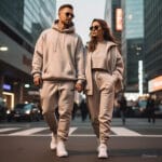 Trendy couple wearing matching beige streetwear outfits walking through the city.