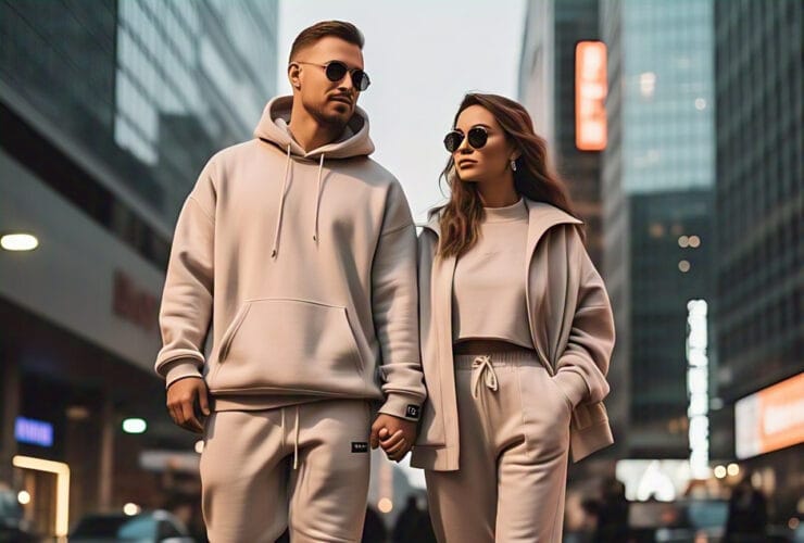 Trendy couple wearing matching beige streetwear outfits walking through the city.
