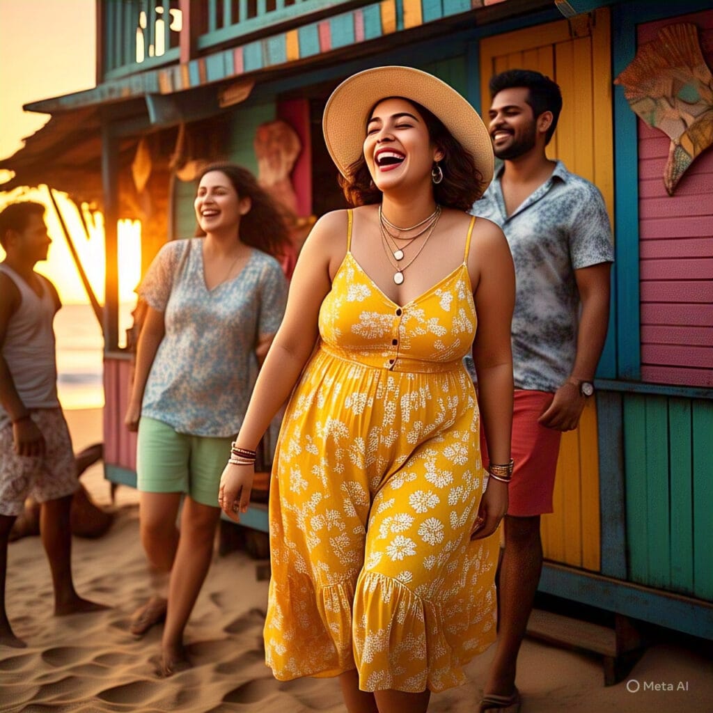 Confident plus-size woman dressed in a stylish summer outfit, enjoying Goa with friends and radiating self-love.