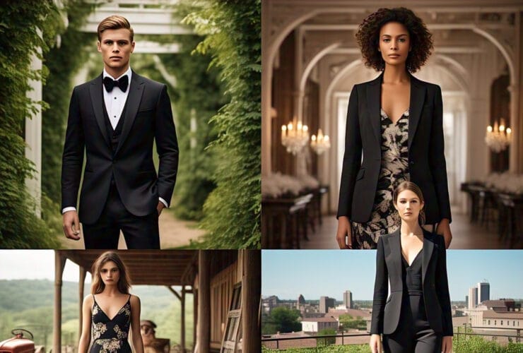 Split-screen image showing four women in black blazer wedding outfits: one in a tuxedo suit at an elegant hall, one in a satin slip dress at a rooftop venue, one in a floral maxi dress at a rustic barn, and one in a jumpsuit at a garden wedding — high-fashion editorial style.