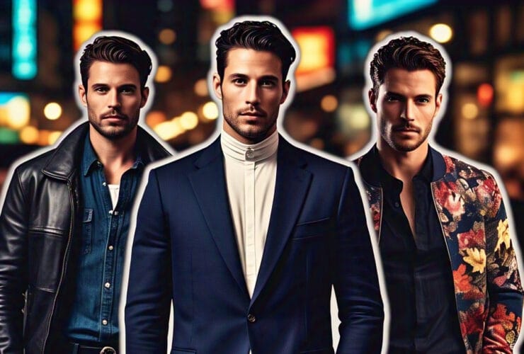 Men in stylish night-out outfits including casual, smart, and club looks in a city nightlife setting
