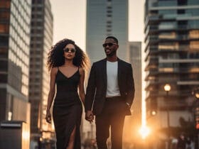 Stylish couple wearing matching black outfits walking together in an urban setting, showcasing modern coordinated fashion for couples.