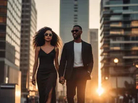 Stylish couple wearing matching black outfits walking together in an urban setting, showcasing modern coordinated fashion for couples.