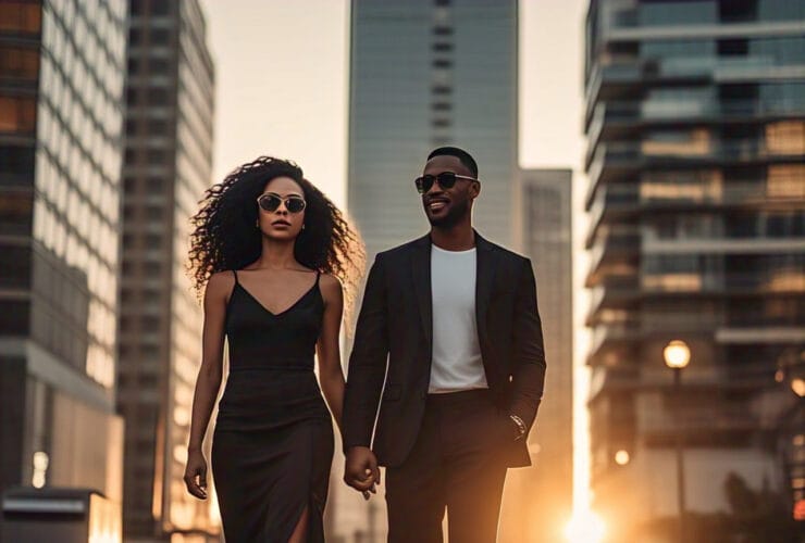 Stylish couple wearing matching black outfits walking together in an urban setting, showcasing modern coordinated fashion for couples.
