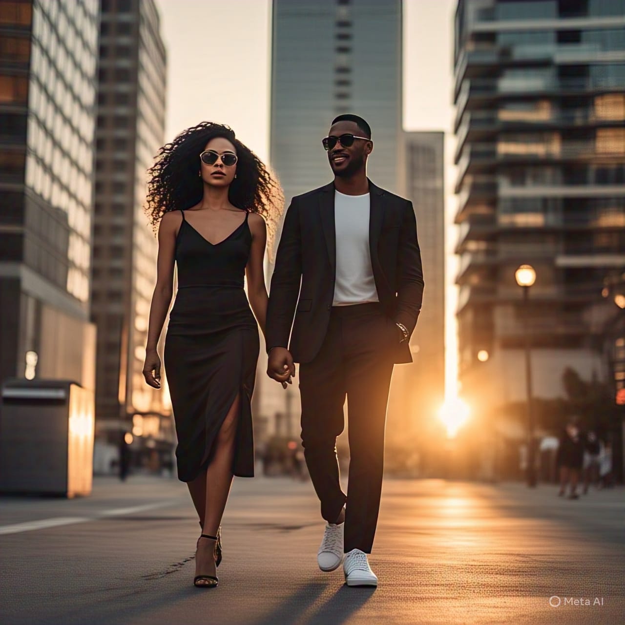 Stylish couple wearing matching black outfits walking together in an urban setting, showcasing modern coordinated fashion for couples.