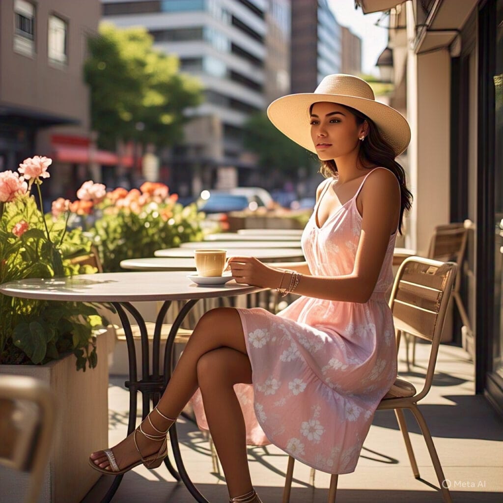 Woman wearing a pastel sundress, straw hat, and sandals at an outdoor café – perfect casual elegance for a summer first date.