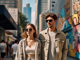 Trendy outfits to dress to impress non VIPs, stylish man and woman walking confidently in affordable fashion on urban street
