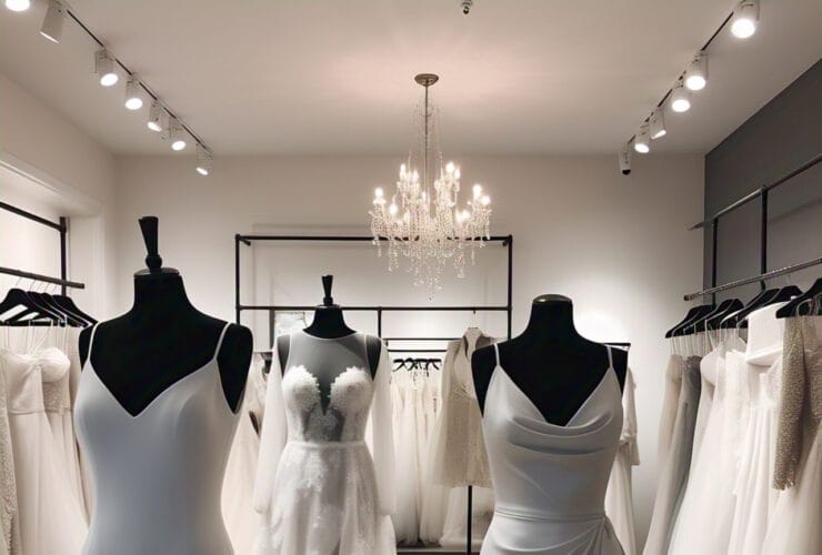 Selection of beautiful wedding dresses displayed on mannequins in bridal boutique