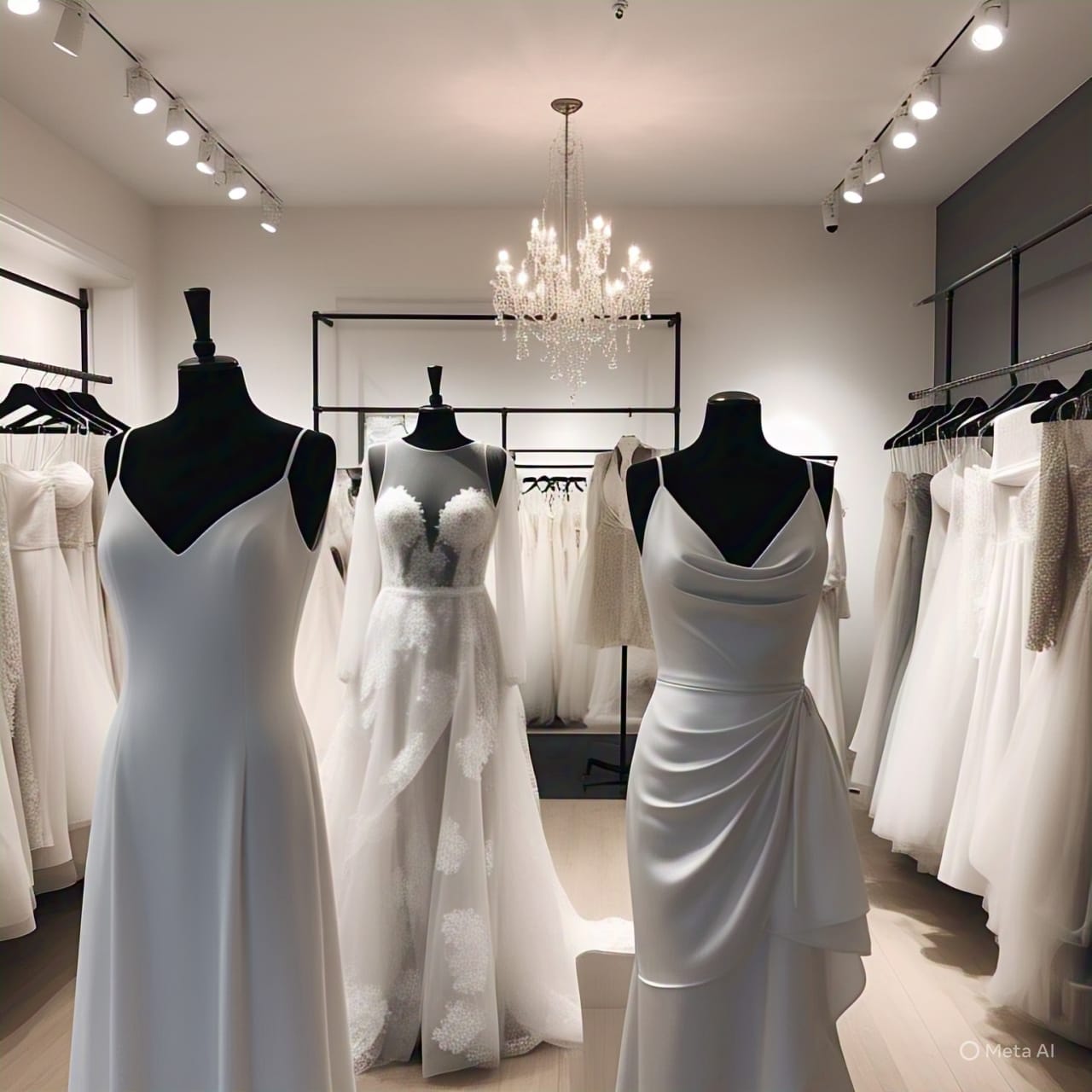 Selection of beautiful wedding dresses displayed on mannequins in bridal boutique