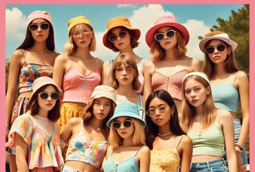 Diverse teen girls wearing cute summer outfits including sundresses, crop tops, and shorts in a sunny outdoor setting