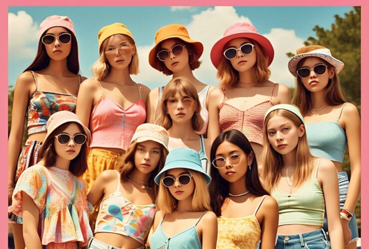 Diverse teen girls wearing cute summer outfits including sundresses, crop tops, and shorts in a sunny outdoor setting