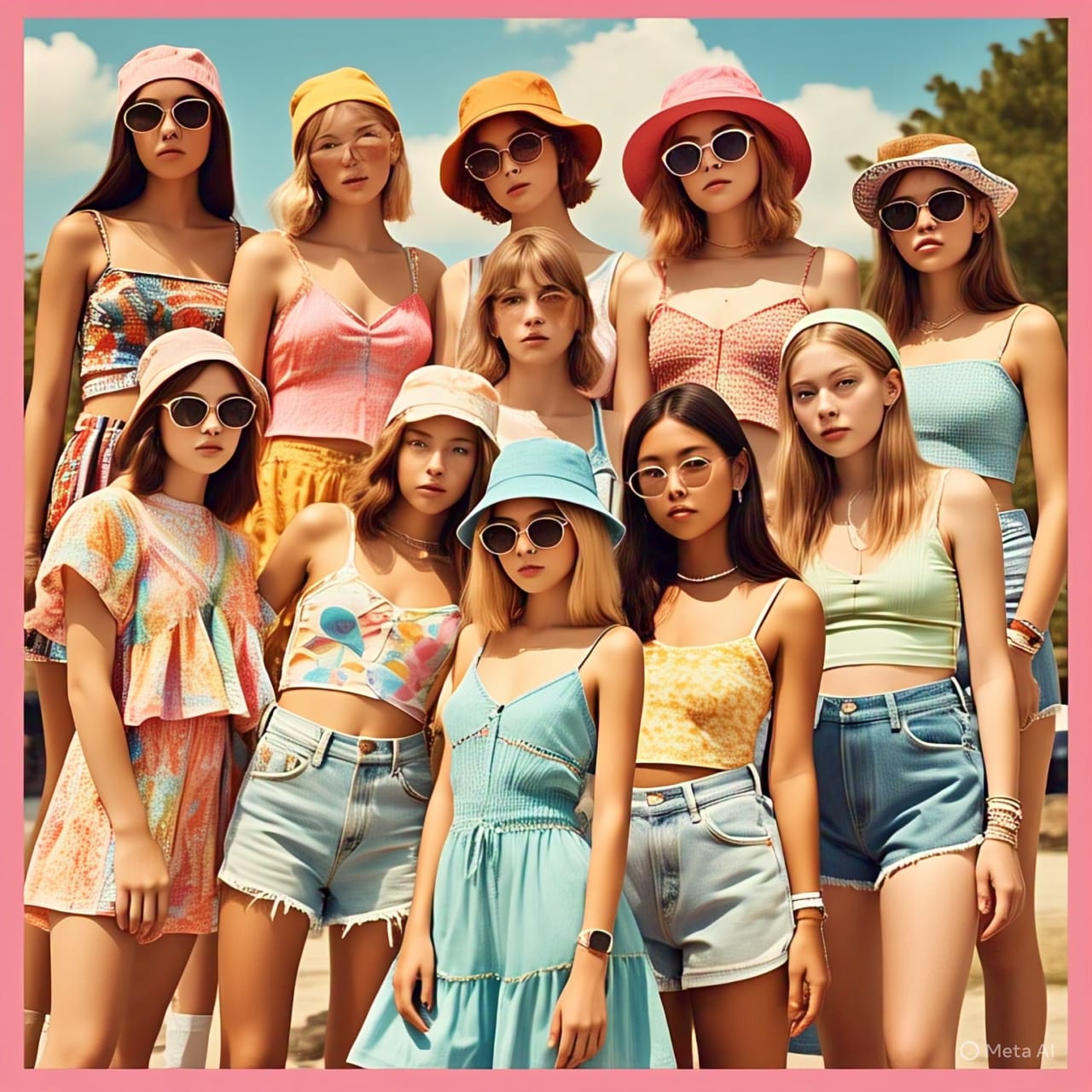 Diverse teen girls wearing cute summer outfits including sundresses, crop tops, and shorts in a sunny outdoor setting