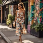 A fashionable young woman walking toward a trendy urban café on a sunny summer day, wearing high-waisted culottes, a cropped top, strappy sandals, and sunglasses, holding an iced coffee — perfect example of summer Lunch Date Outfit Ideas for women.
