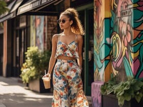 A fashionable young woman walking toward a trendy urban café on a sunny summer day, wearing high-waisted culottes, a cropped top, strappy sandals, and sunglasses, holding an iced coffee — perfect example of summer Lunch Date Outfit Ideas for women.