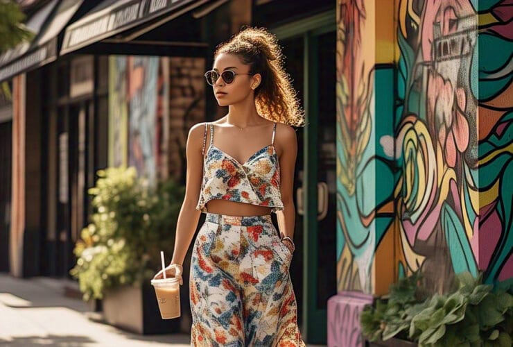 A fashionable young woman walking toward a trendy urban café on a sunny summer day, wearing high-waisted culottes, a cropped top, strappy sandals, and sunglasses, holding an iced coffee — perfect example of summer Lunch Date Outfit Ideas for women.