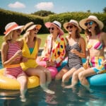 Trendy casual pool party outfits for ladies in summer, featuring sundresses, crop tops, and swimwear by the poolside.