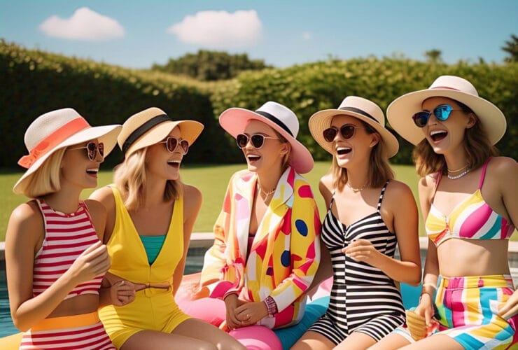 Trendy casual pool party outfits for ladies in summer, featuring sundresses, crop tops, and swimwear by the poolside.