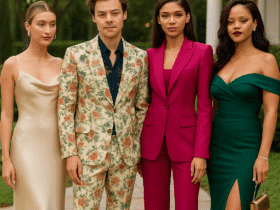Celebrity-inspired wedding guest outfits featuring Hailey Bieber in a champagne satin slip dress, Harry Styles in a floral suit, Zendaya in a magenta pantsuit, and Rihanna in an emerald green gown — perfect style inspiration for formal weddings.