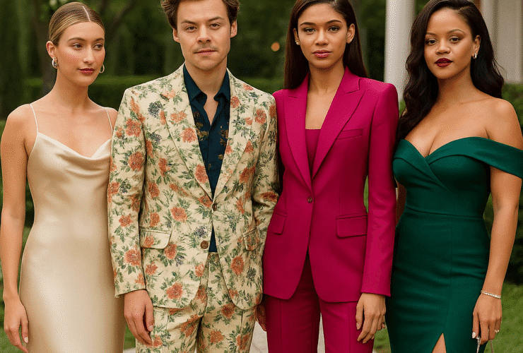Celebrity-inspired wedding guest outfits featuring Hailey Bieber in a champagne satin slip dress, Harry Styles in a floral suit, Zendaya in a magenta pantsuit, and Rihanna in an emerald green gown — perfect style inspiration for formal weddings.
