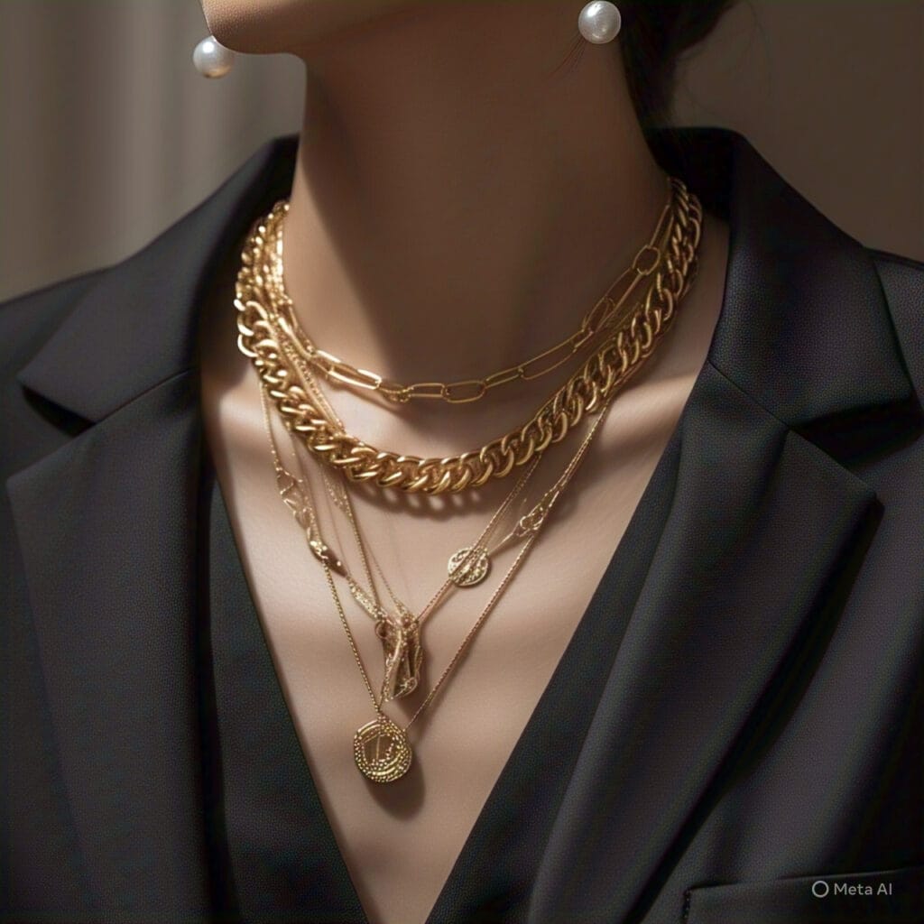 Statement jewelry styled with black blazer for wedding