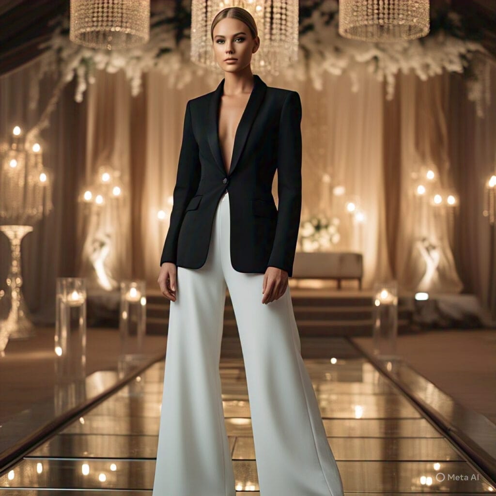 Modern black blazer over a wide-leg jumpsuit for a contemporary wedding guest outfit