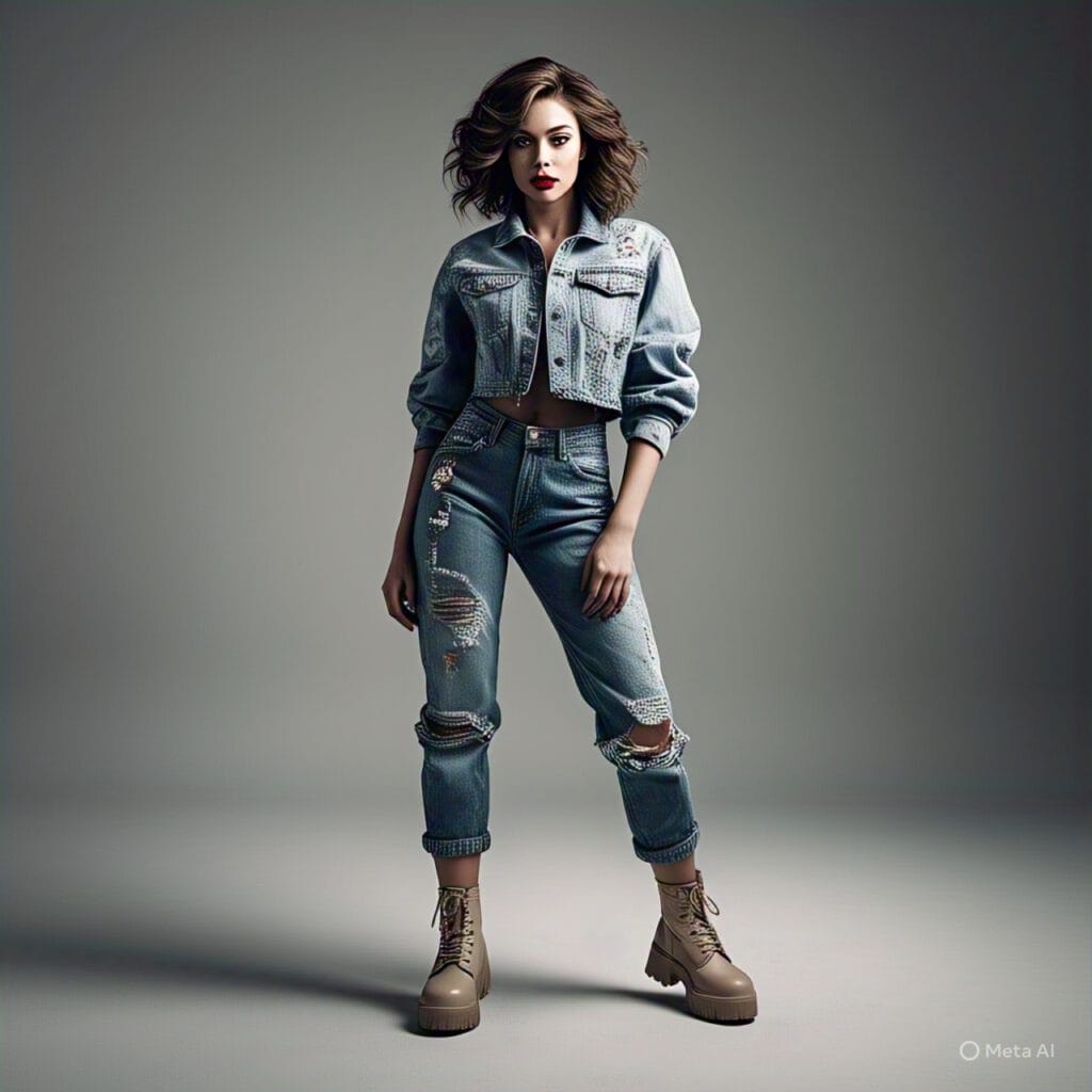 Rihanna-inspired double denim look with cropped denim jacket, jeans, and combat boots.