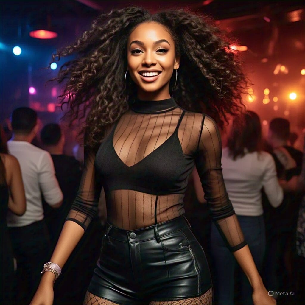 Woman wearing a sheer mesh top and high-waisted pants at a trendy nightclub