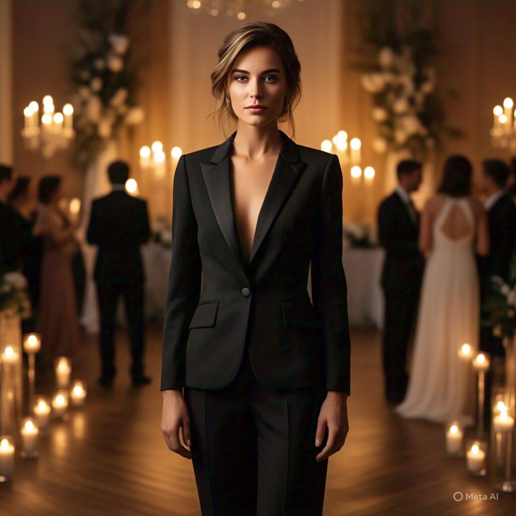 Woman in tuxedo-style black blazer and matching trousers at a formal wedding venue