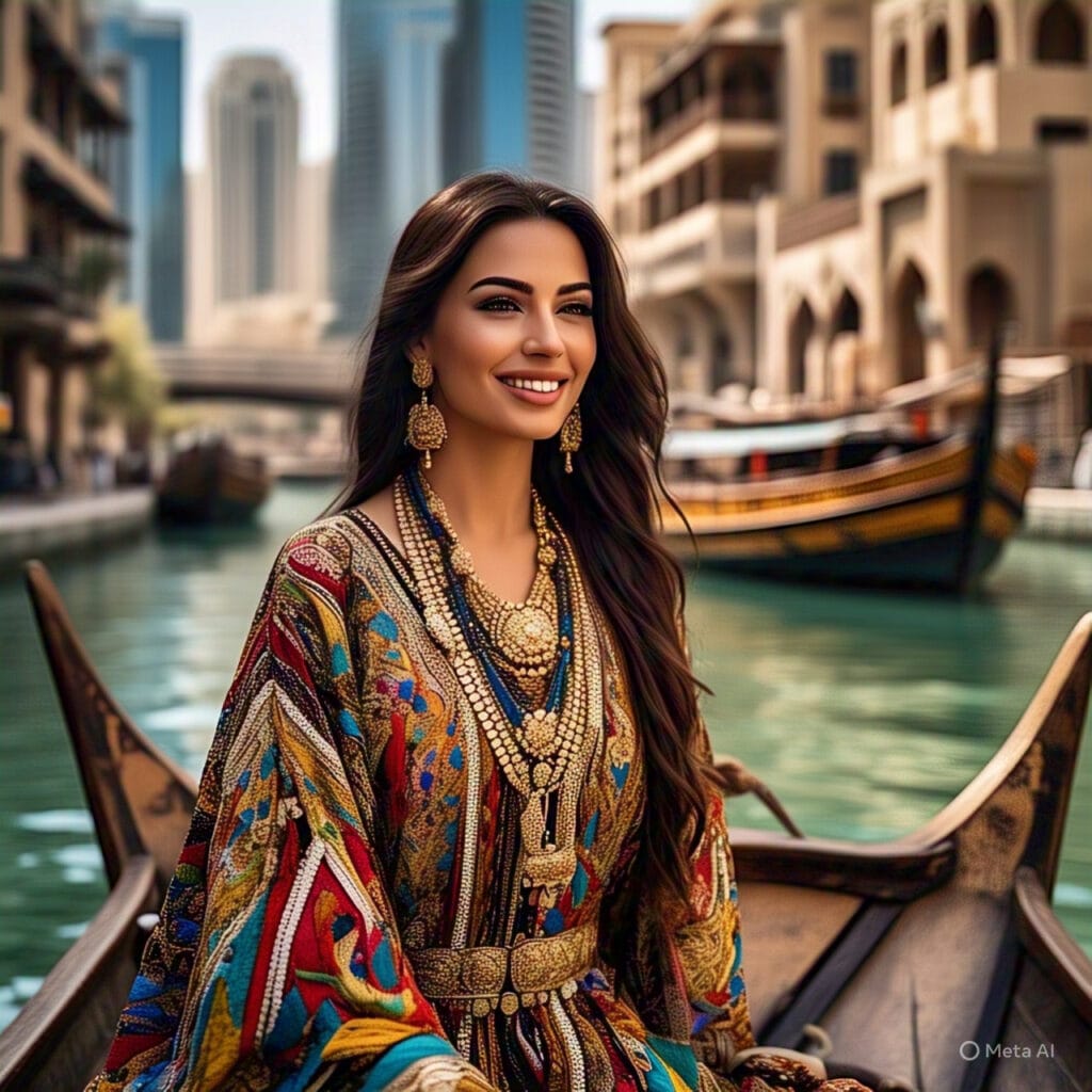 woman in printed kaftan with accessories, Dubai street style outfit idea