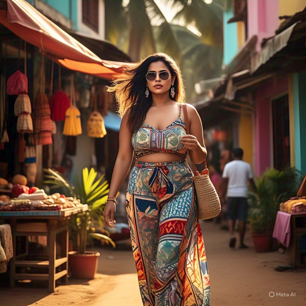 Plus-size woman in breezy palazzo pants and a crop top exploring Goa.