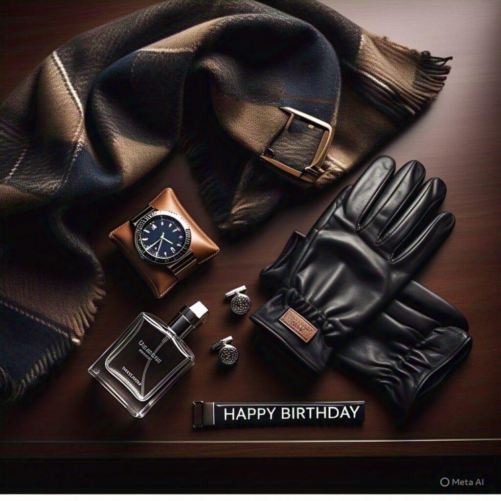 Men’s winter birthday accessories including watch, gloves, scarf and fragrance