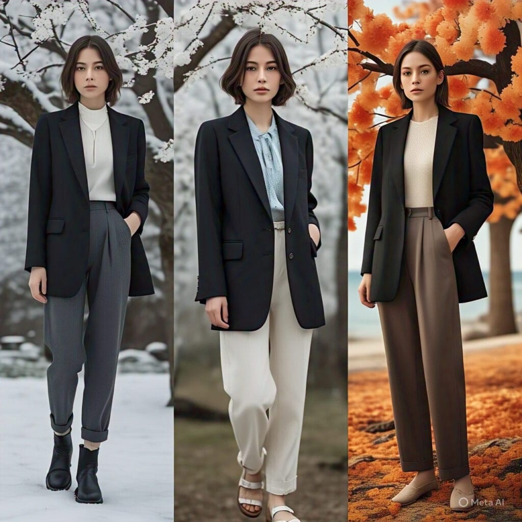 Seasonal black blazer wedding outfit collage