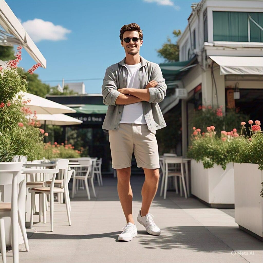 Stylish summer outfit for slim men with layers and complementary colors