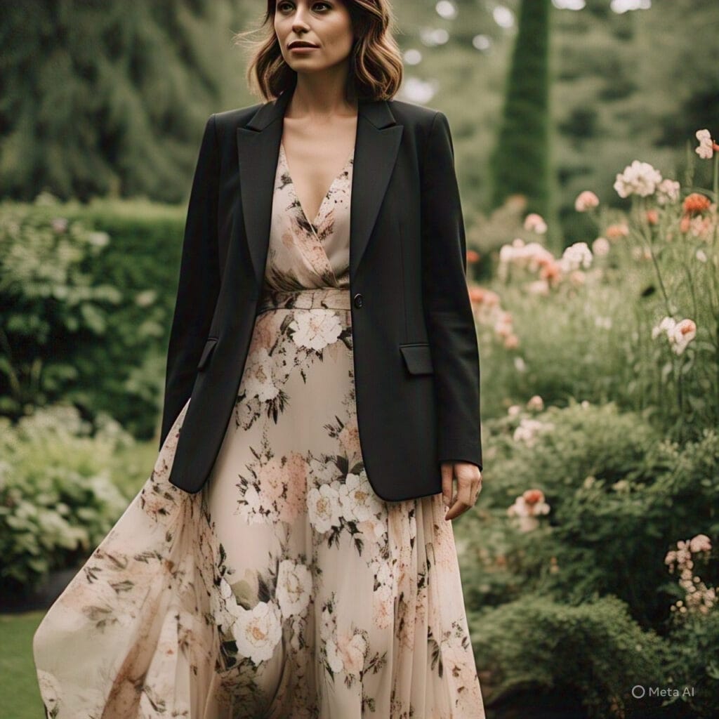 Black blazer over floral maxi dress at a casual spring wedding