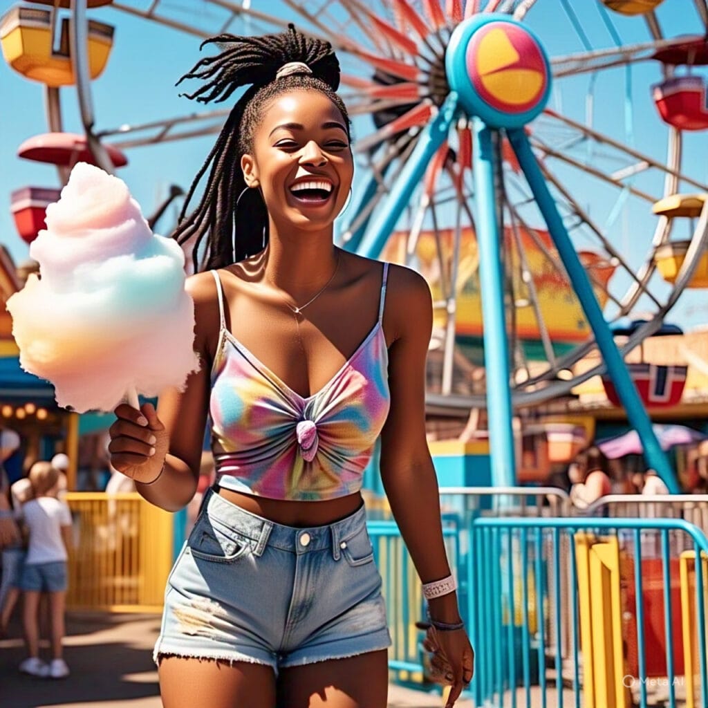 Woman in stylish shorts and a crop top, ready for a fun summer amusement park date – fashion meets function.