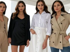 Stylish women in classy outfits including blazers, dresses, and trousers, showcasing timeless and elegant fashion ideas