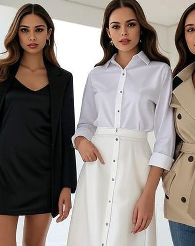 Stylish women in classy outfits including blazers, dresses, and trousers, showcasing timeless and elegant fashion ideas